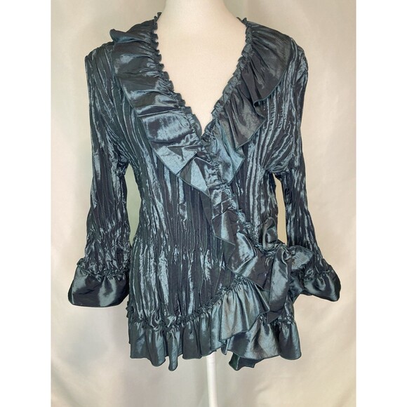 VINTAGE Carrie Allen Women's XL Top Blouse Crinkle Ruffle Metallic Whimsygoth - Picture 2 of 12